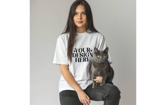 Cat with Woman with Empty T-shirt Color: A Designer's Mockup Asset